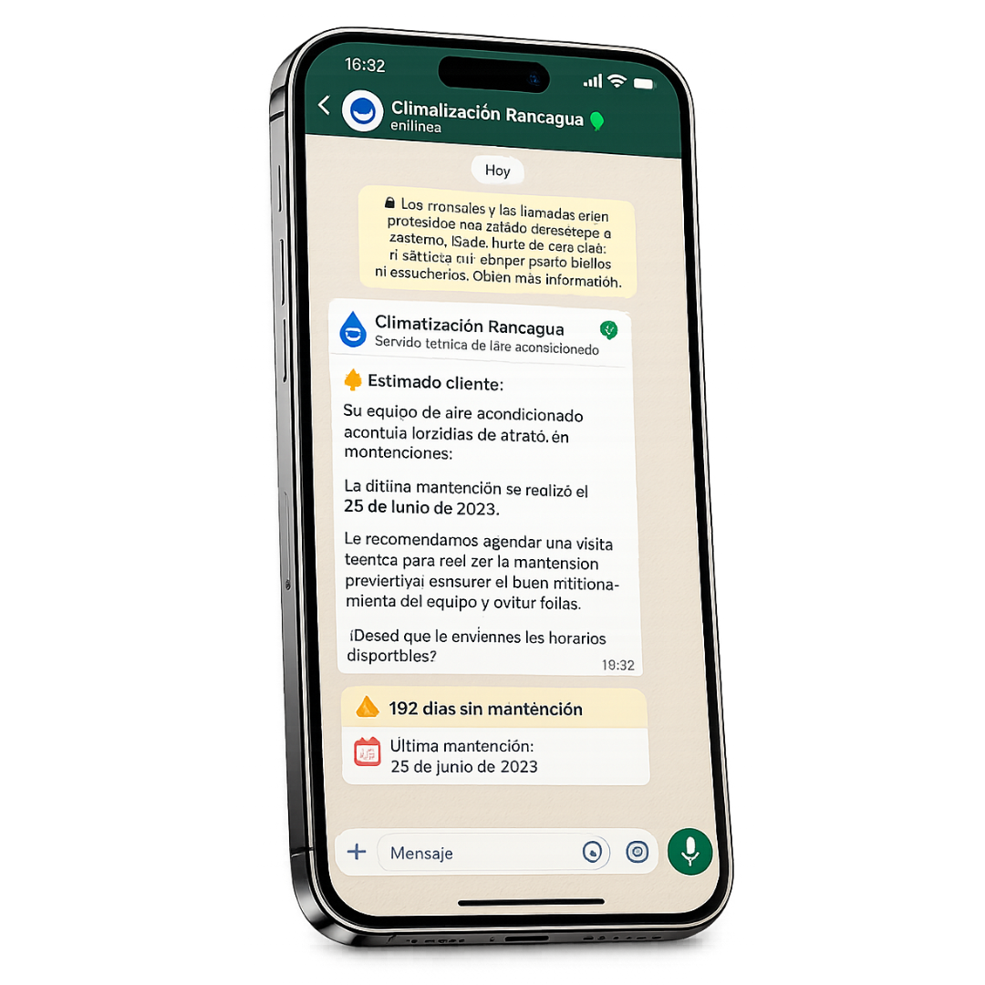 Vista móvil de alertas por WhatsApp para mantenciones preventivas de equipos